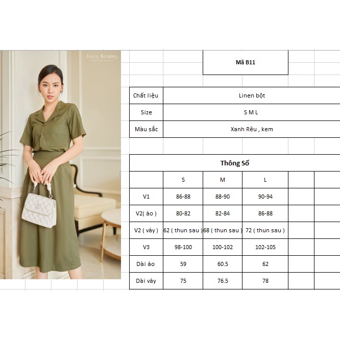 Váy Công Sở Chữ A Tay Ngắn LEOSWEARING Set Chân Váy Dài Qua Gối Lưng Thun và Áo Sơ Mi Chất Vải Linen Bột dam cong so B11