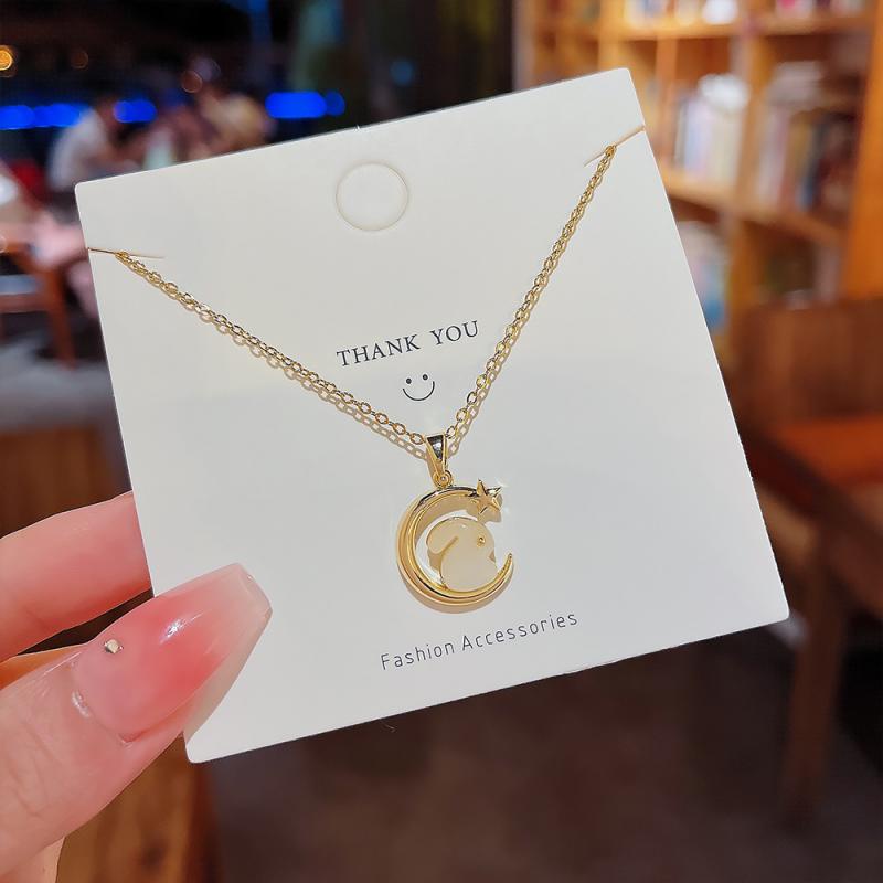 XiaoboACC Vòng cổ Thép Titan Mặt Hình Thỏ Và Mặt Trăng Phong Cách Trung Quốc - 40CM + 6CM