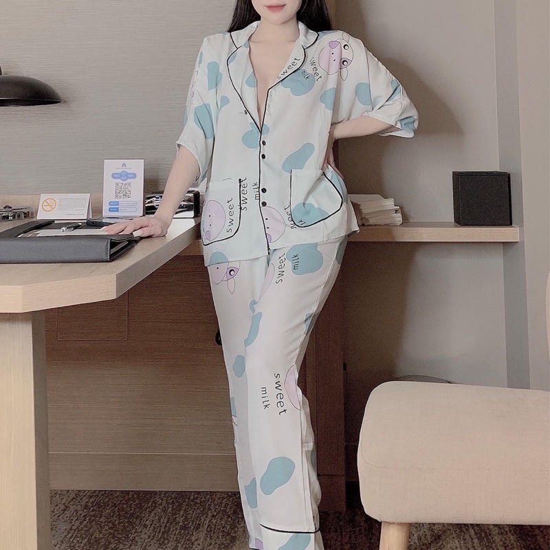 Đồ bộ pijama, bộ lụa măc nhà satin cao cấp cánh dơi hoạ tiết dễ thương