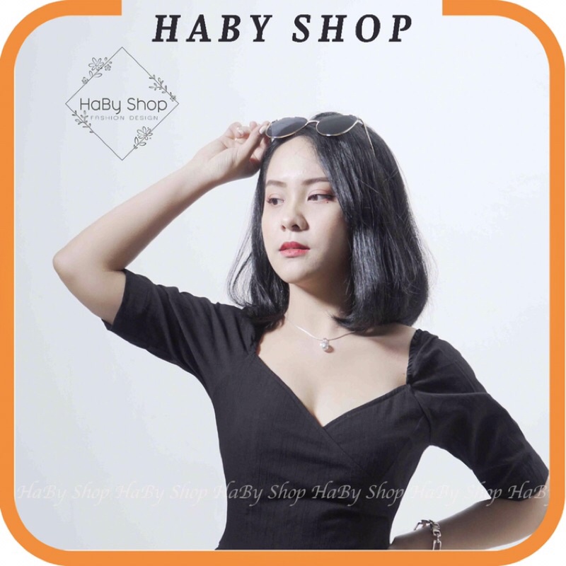 Váy chữ A xòe, đầm thiết kế, váy đen vát chéo ngực tay bồng đi làm đi chơi trẻ trung quyến rũ Haby
