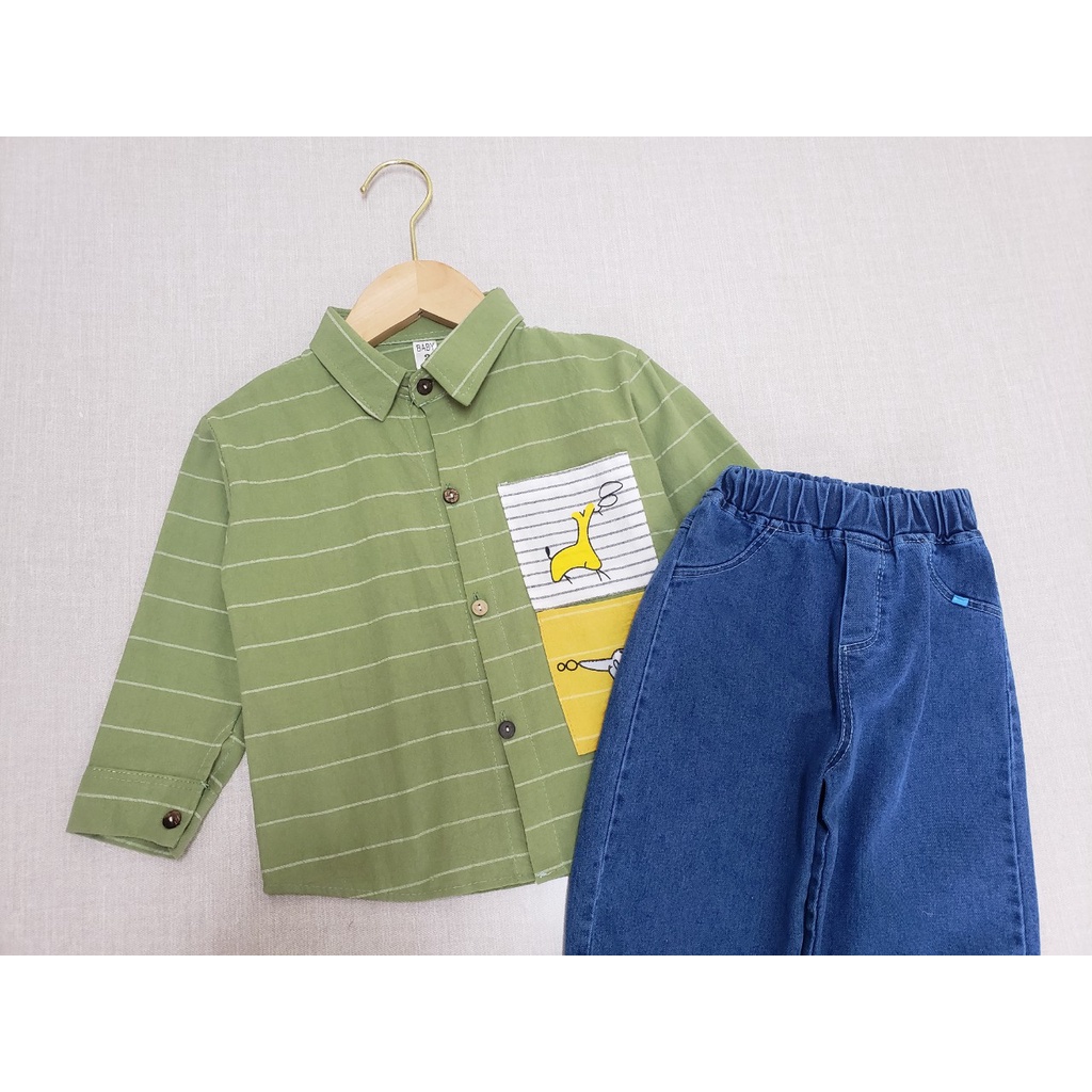 HÀNG QUẢNG CHÂU CAO CẤP Bộ sơ mi cho bé trai cực sành điệu, áo cotton thấm mồ hôi, quần jean mềm Hongvybaby