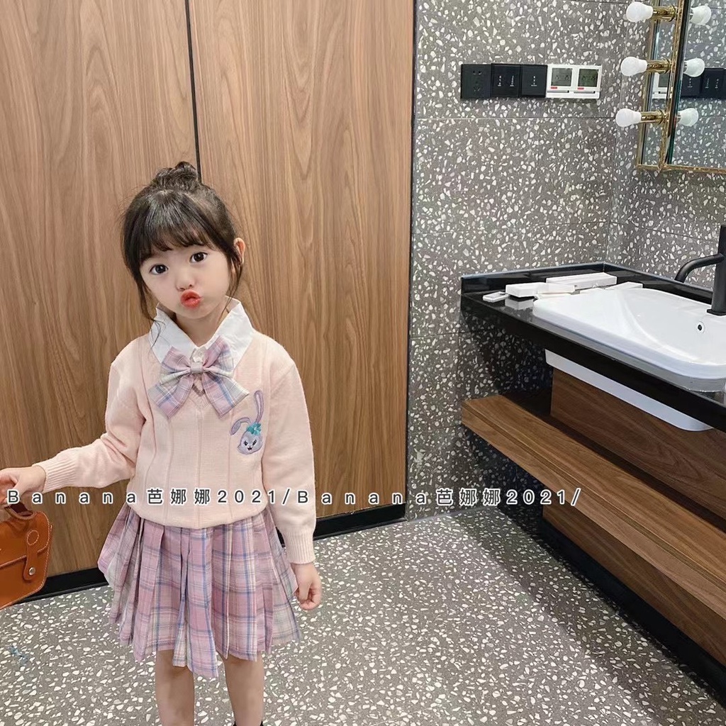 Set áo len + chân váy + nơ B.ana 8626 năng động cho bé gái