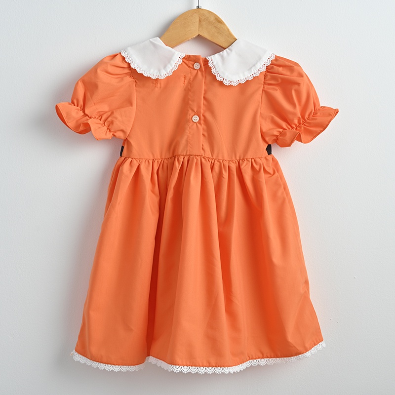 Đầm Babydoll Cổ Sen Thêu Hoa, Màu Cam Phối Dây Nơ