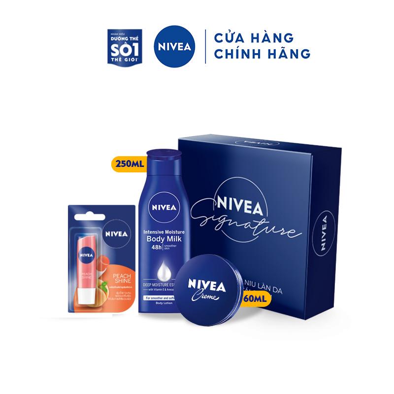 Bộ sản phẩm NIVEA SIGNATURE dưỡng ẩm chuyên sâu toàn diện: Dưỡng thể 250ml, Kem làm mềm da 60ml &amp; Son dưỡng môii 4.8g
