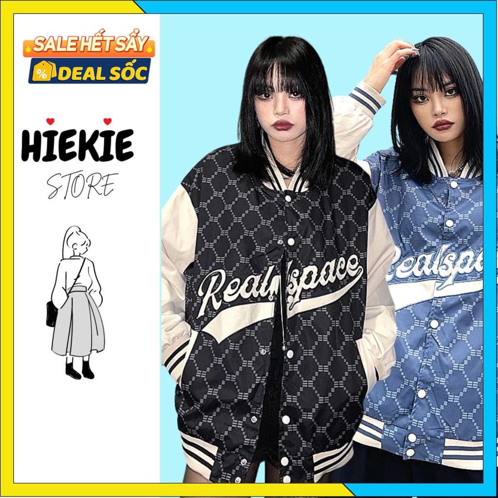 Áo Khoác Dù Bomber 2 Lớp Dài Tay Cúc Bấm Họa Tiết Siêu Hottrend Chữ REALSPACE Hàn Quốc Ulzzang