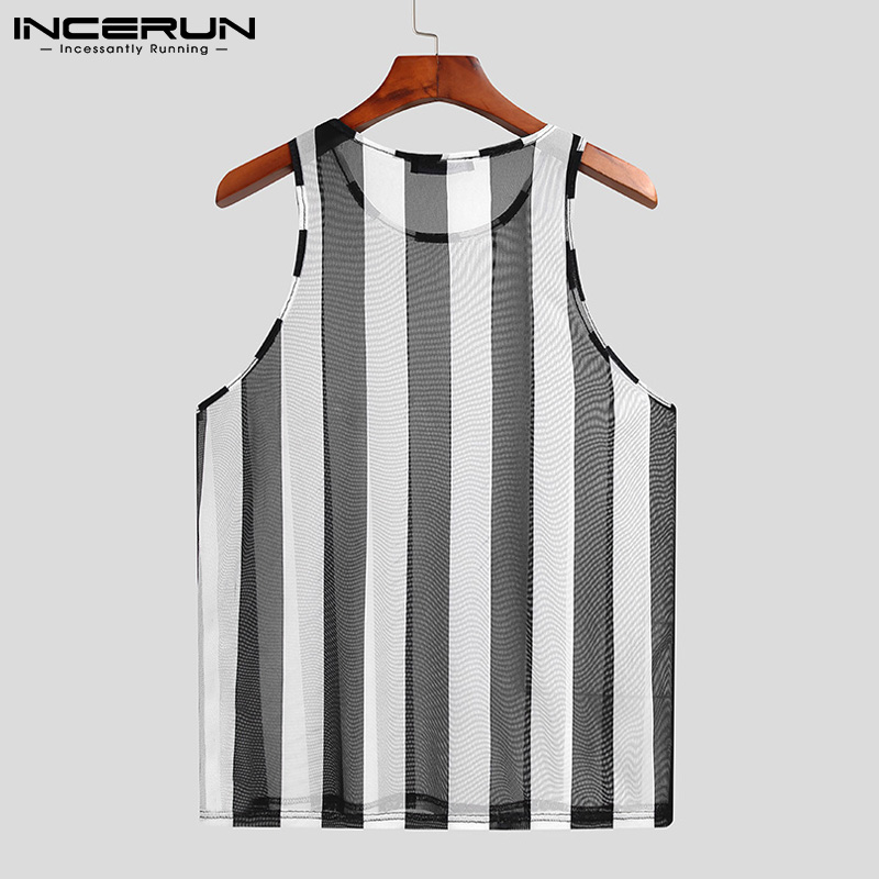 INCERUN Men's Fashion Sleeveless Striped Sexy Transparent Shirts Tank Vest