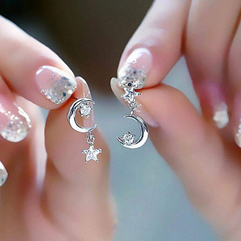 Khuyên tai bạc khuyên Trăng Sao nghịch đảo