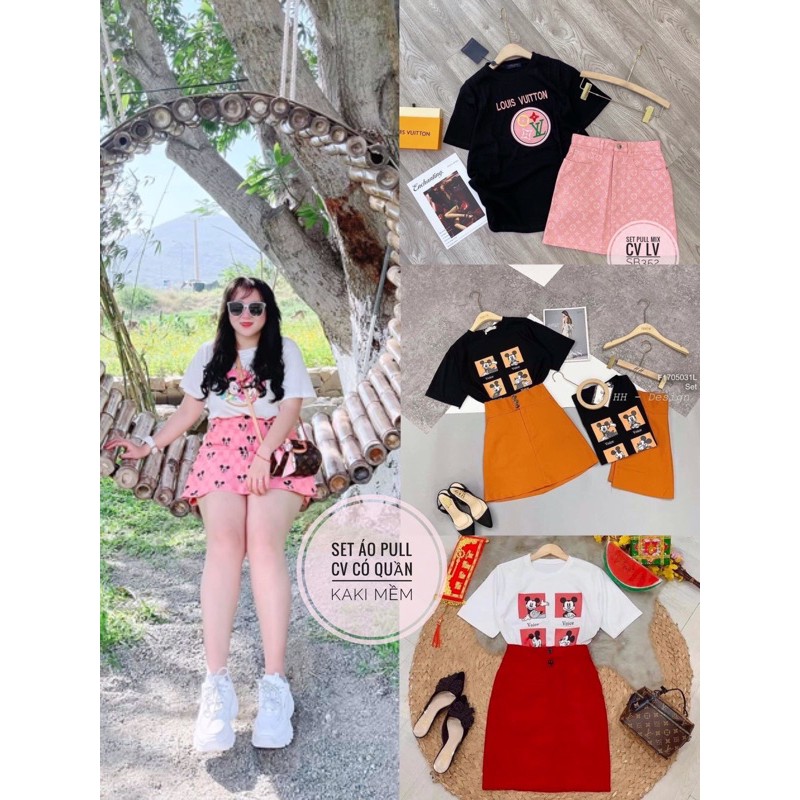 [Mã WASTCOOL giảm 15% tối đa 50K đơn 99K] Bigsize set áo thun mickey-LV-GC kèm váy quần 55-90kg(HÌNH THẬT)