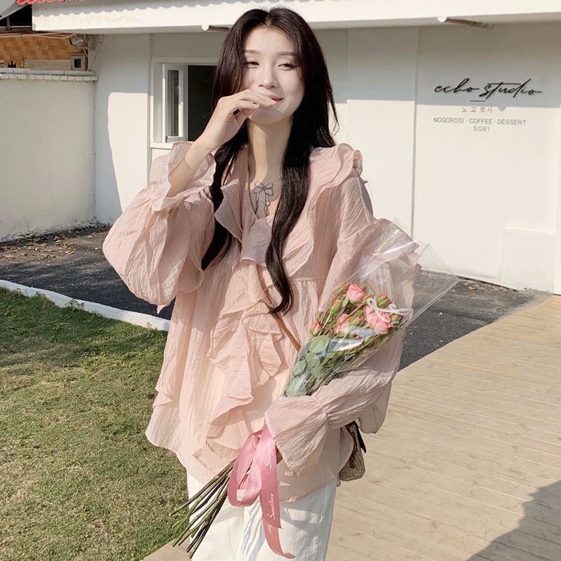 Gentle style v-neck ruffled shirt women's spring  new Korean style loose slimming long-sleeved shirt top Japanese style top 3tye