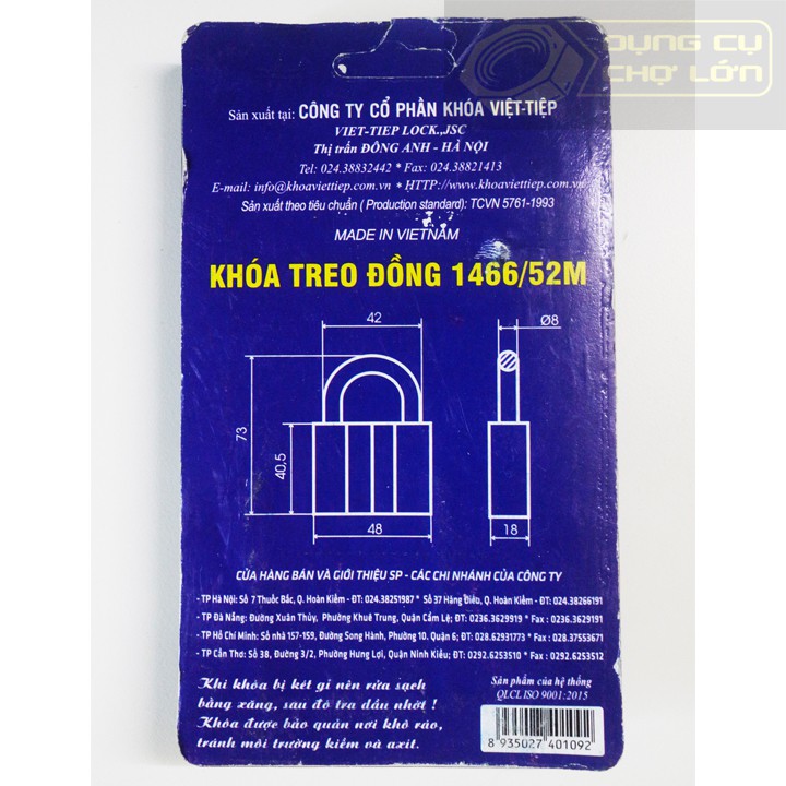 Khóa treo đồng 1466/52M Việt Tiệp - Bóp mới rút chìa được