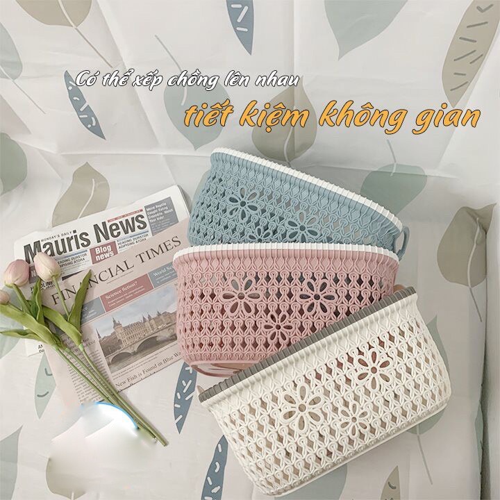Rổ nhựa giả đan mây có quai cầm Việt Nhật, giỏ hoa 2 size màu pastel xinh xắn TTS 3377