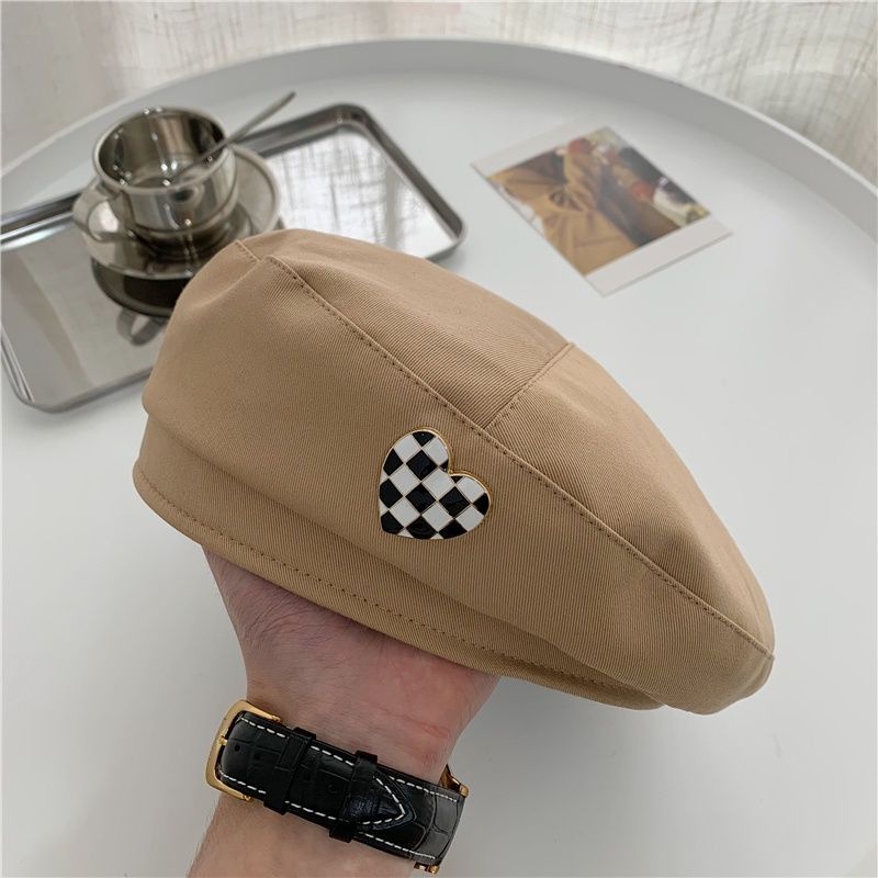 Mũ Beret Tag Hình Trái Tim Họa Tiết Caro