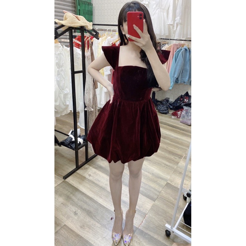 Đầm nữ tết vải nhung màu đỏ đô cực sang chảnh vải may loại tốt | BigBuy360 - bigbuy360.vn
