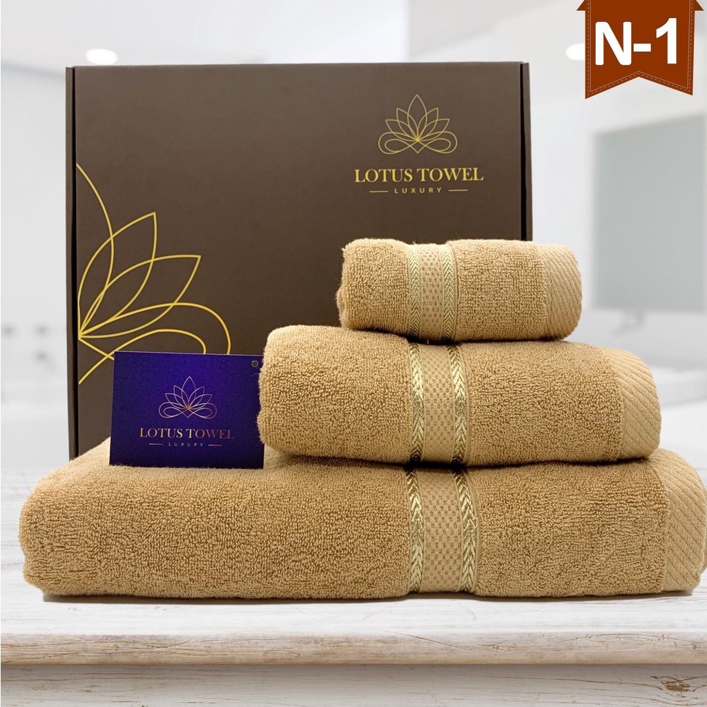 Combo set 3 Khăn: tắm, gội, mặt Lotus Towel 100% Cotton Mềm Mại, Thấm Hút, Kháng Khuẩn
