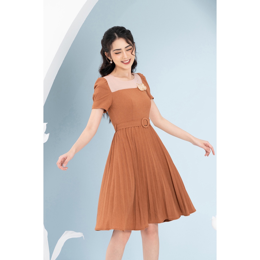 Đầm Xòe Xếp Ly Luperi LFV3259 thiết kế đính hoa thủ công tinh tế thắt đai tạo eo thon cho nàng công sở đi làm dự tiệc