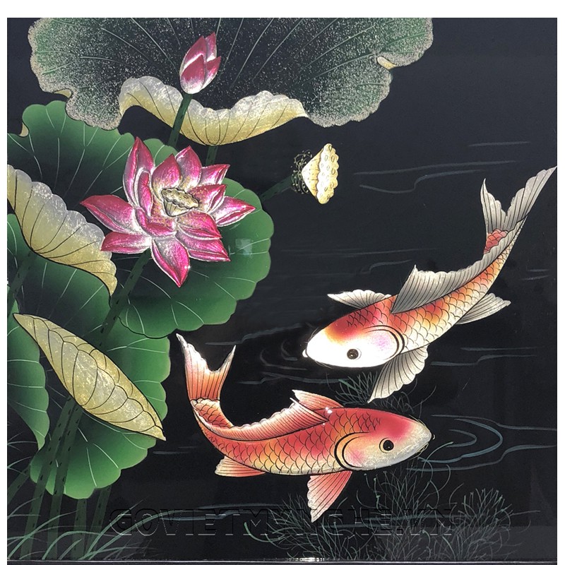 Tranh Sơn Mài Hoa Sen - Cá Chép Vẽ Đắp Nổi N2 - 40x40cm