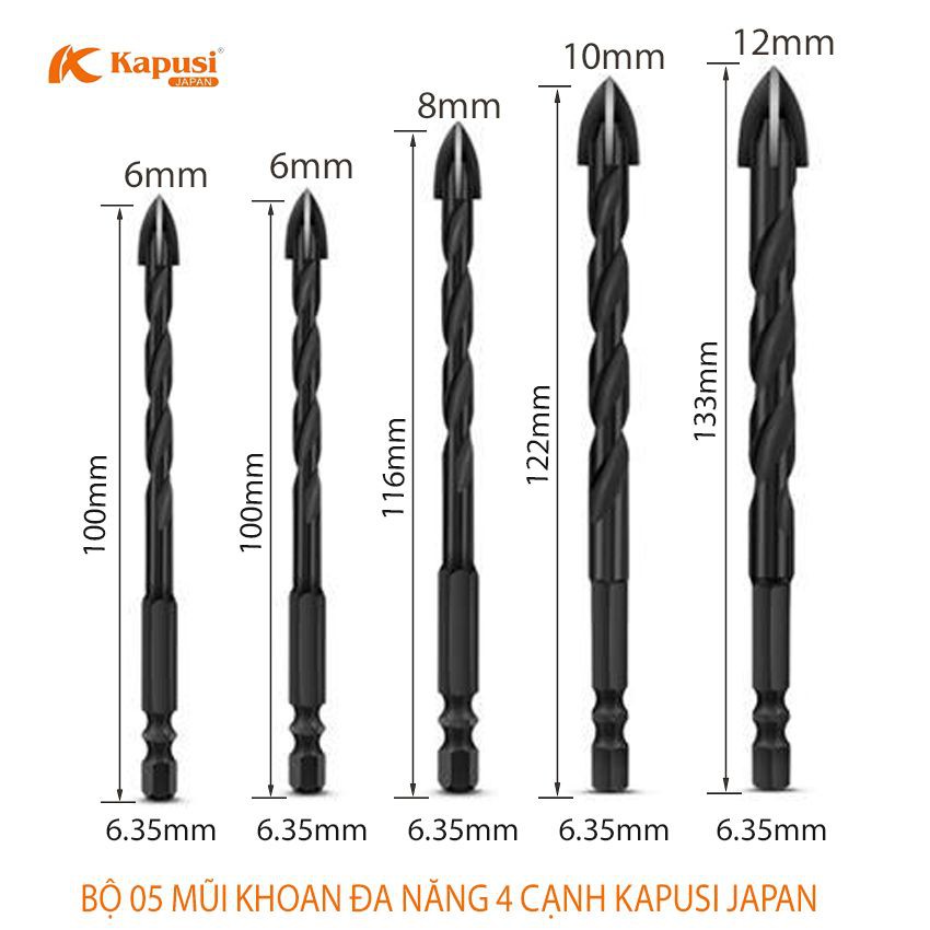 BỘ 5 MŨI KHOAN ĐA NĂNG 4 CẠNH CHUÔI LỤC GIÁC 6.35MM KAPUSUI JAPAN, KÍCH THƯỚC 6-6-8-10-12MM, CHUYÊN KHOAN GẠCH ĐÁ SẮT ..