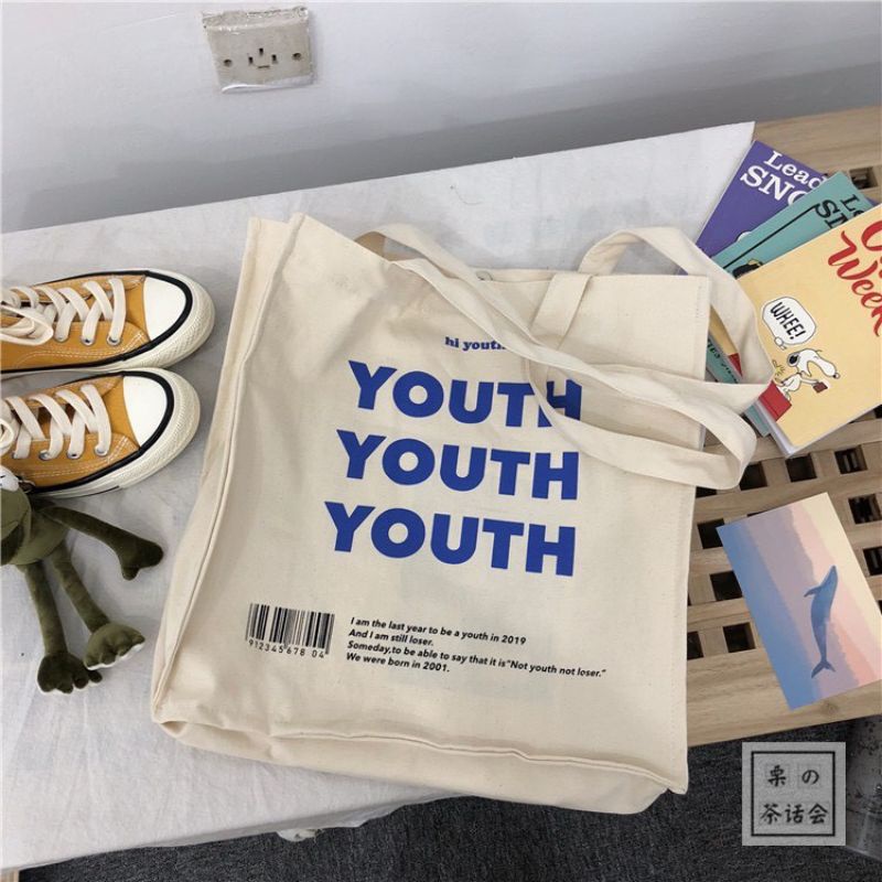 Túi vải, túi tote đáy vuông Youth 2 màu đen, be