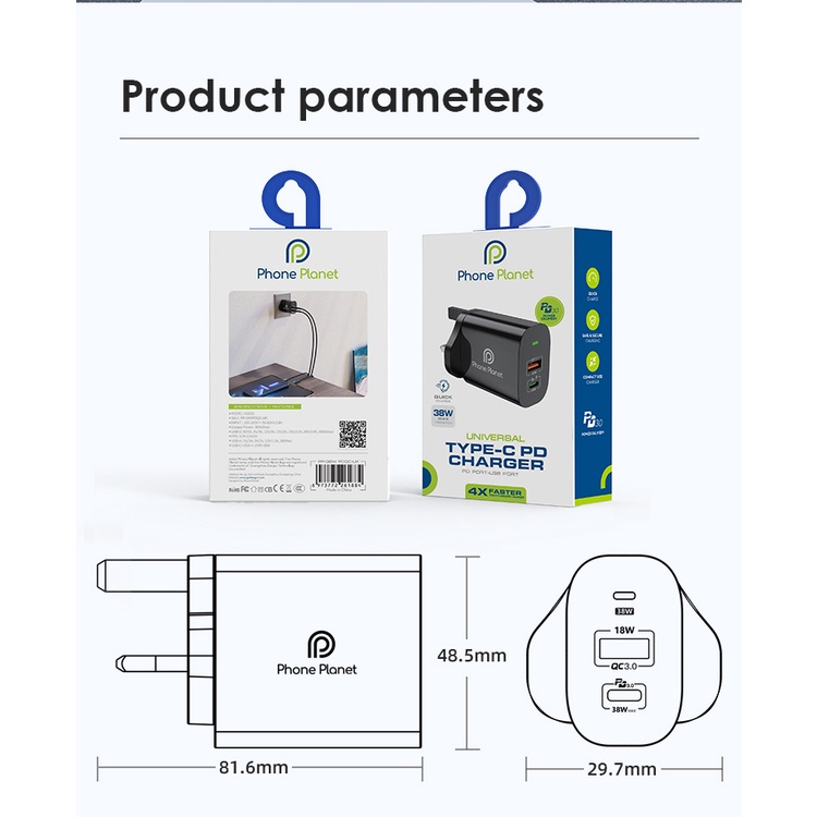 Đầu sạc nhanh Phone Planet 38W PD QC USB Type C Tương Thích Với Android iphone 14 Pro Max