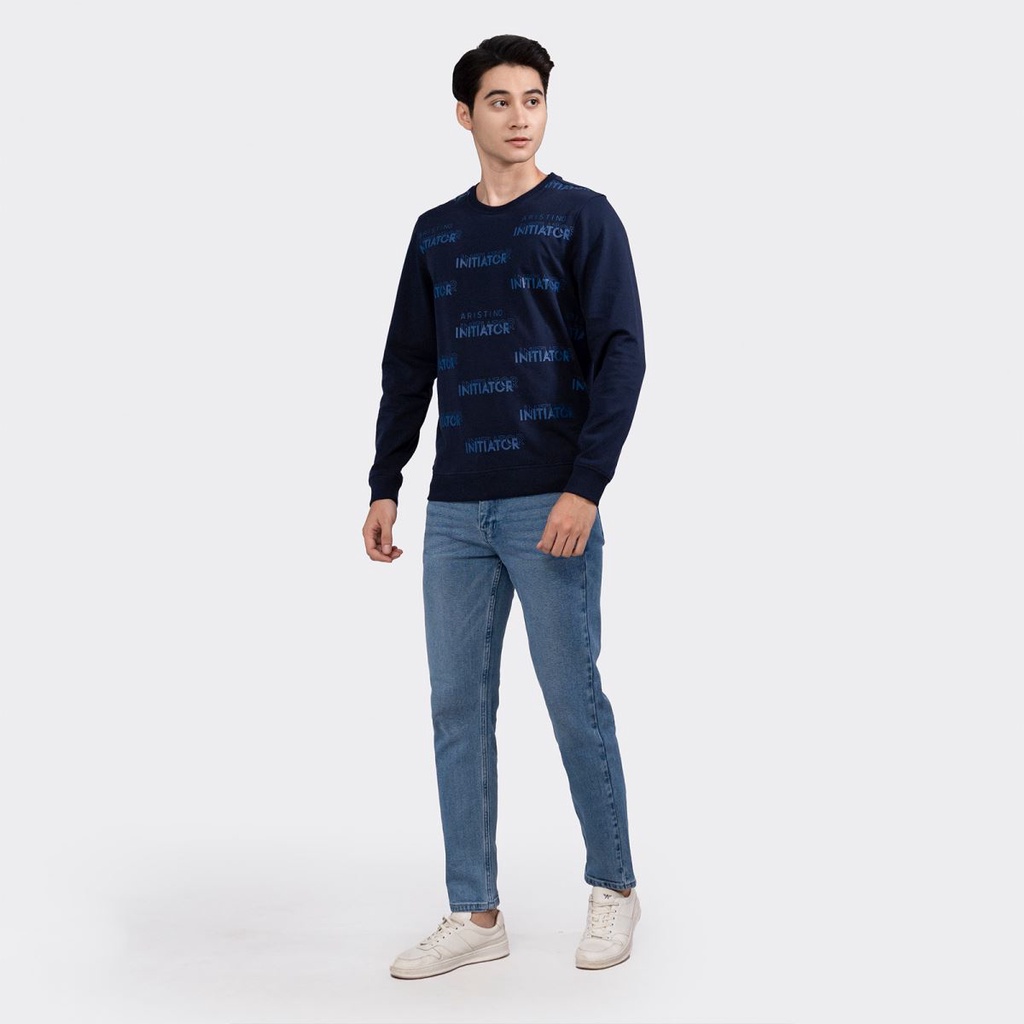 Áo thun nam dài tay Aristino ASW008W2 T-shirt Thu Đông In Họa Tiết Chữ Vải Cotton dáng Regular Fit Cổ Tròn Bo Tay Gấu