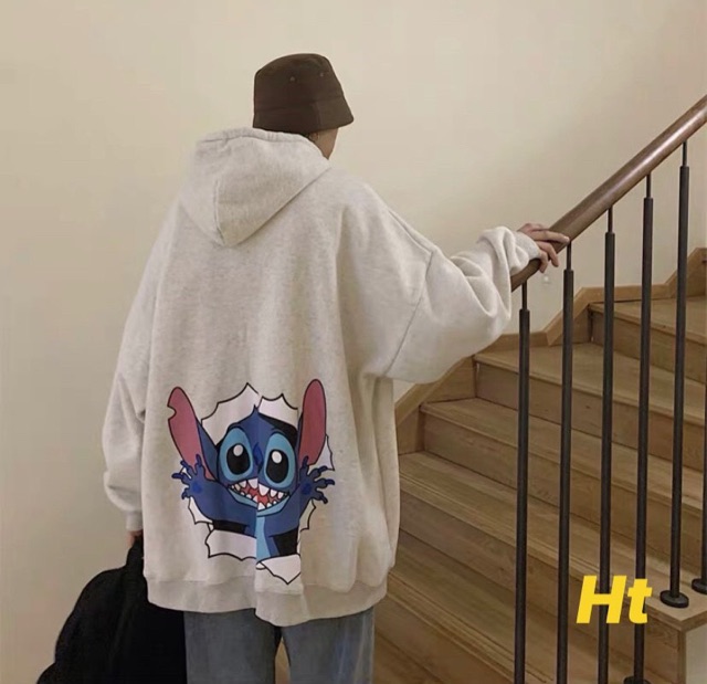 Áo hoodie nỉ mũ in Stitch chó tài thỏ xanh