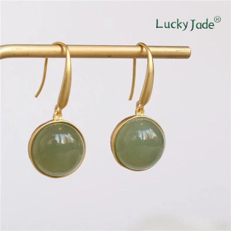 Khuyên Tai Bạc 925 Đính Đá Ngọc Bích Phong Cách Dân Tộc Cổ Điển