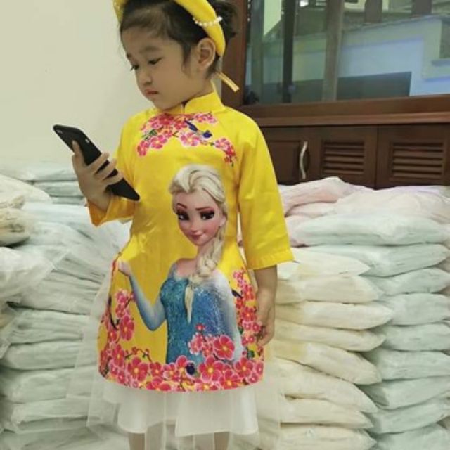 Áo dài gấm 3D hình công chúa Elsa + váy voan 2 lớp+ mấn ngọc cho bé
