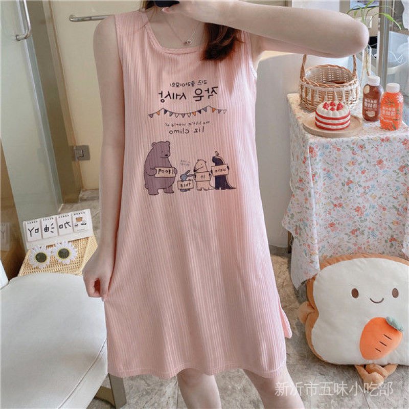 Đầm Ngủ Không Tay Có Mút Đệm Ngực Họa Tiết Hoạt Hình Phong Cách Hàn Quốc Cho Nữ