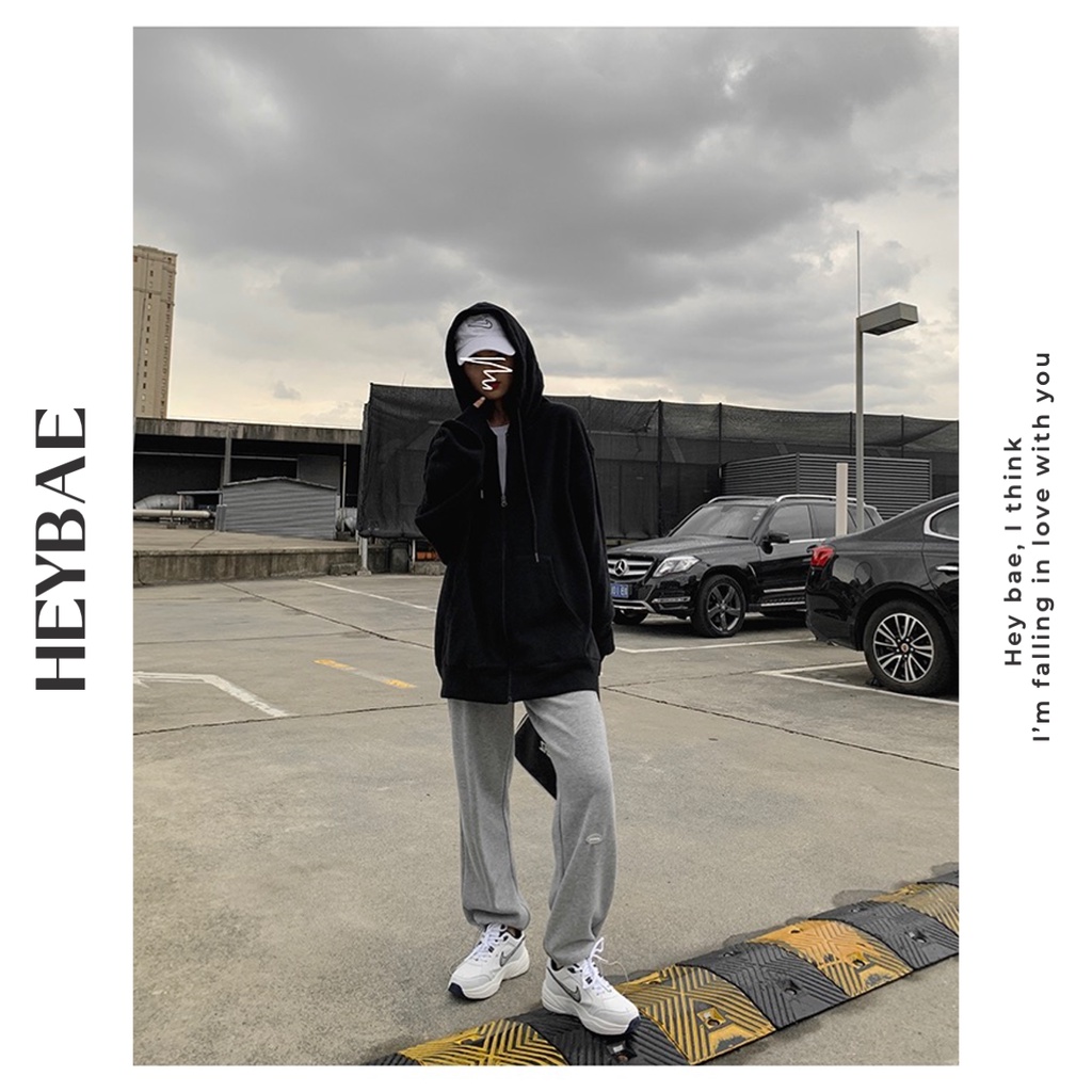 Áo khoác hoodie nỉ unisex cơ bản Homie HEYBAE trơn oversize dài tay có mũ 2 màu đen xám áo khoác mùa đông AK014 | BigBuy360 - bigbuy360.vn