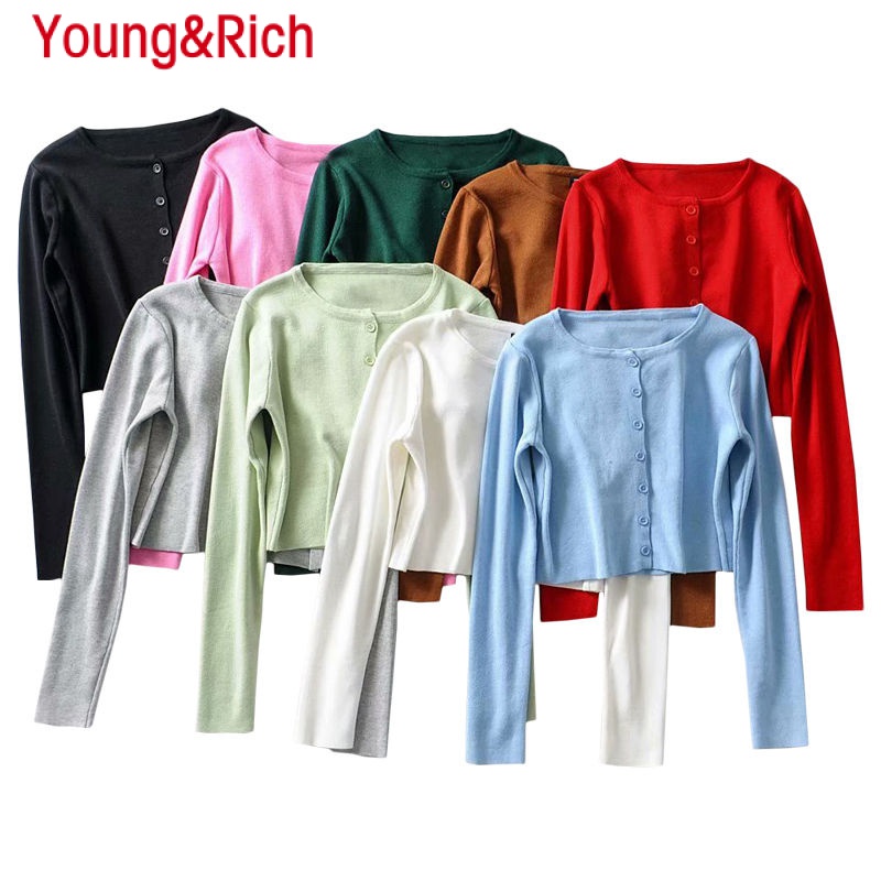 Y & R Áo Khoác Cardigan Dệt Kim Tay Dài Cổ Tròn Eo Cao Cài Nút Màu Trơn Retro Pháp Ngọt Ngào Cho Nữ