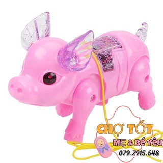 Đồ chơi con heo chạy pin có nhạc, đèn cho bé kèm dây dắt đi