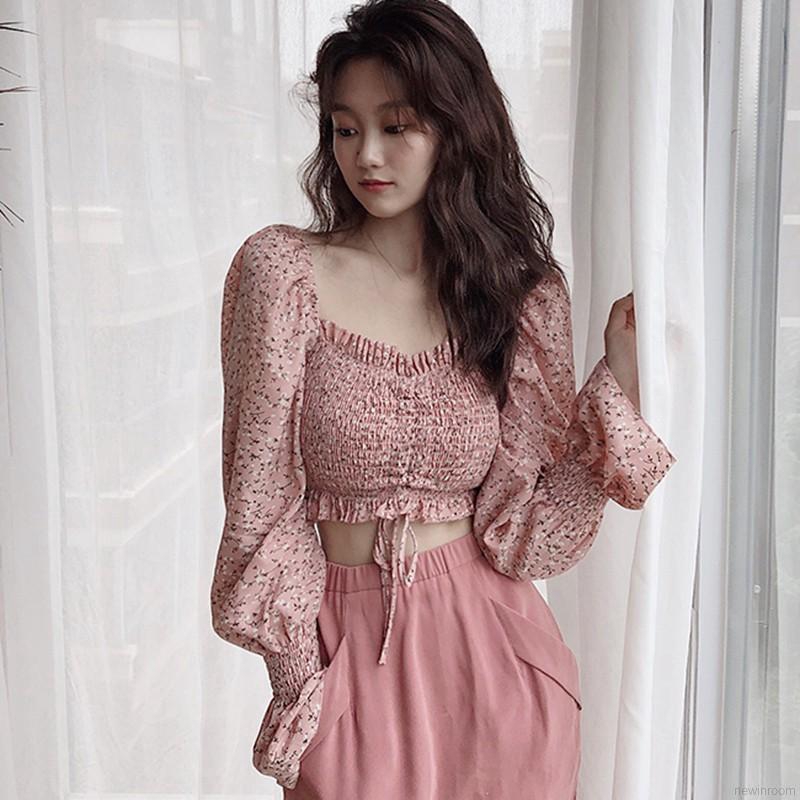 Korean version of the vintage square collar floral sexy open umbilical bandage long sleeve shirt
