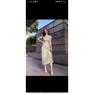 Thanh lý váy lụa rút nhún eo màu xanh ngọc tôn da