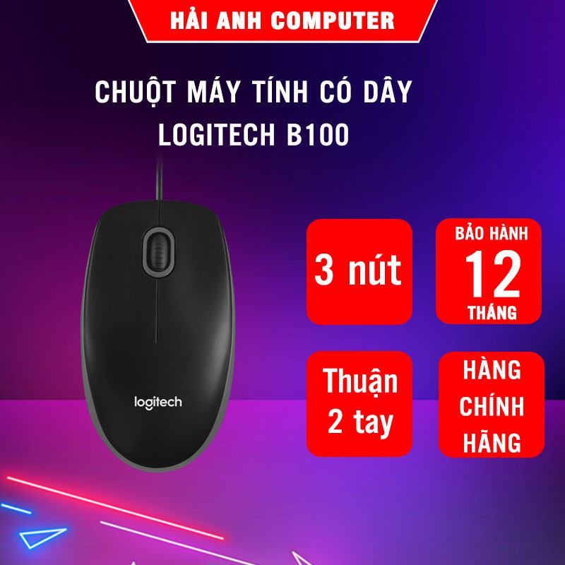 Chuột máy tính Mouse Logitech B100 | USB - Thuận cả hai tay - Quang học 800 DPI - Hàng chính hãng