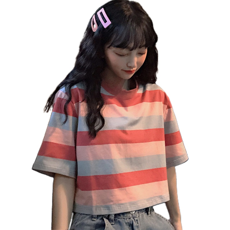 Áo Thun Crop Top Tay Ngắn Cổ Tròn Họa Tiết Sọc Cầu Vồng Nhiều Màu Sắc Phong Cách Harajuku Dành Cho Nữ