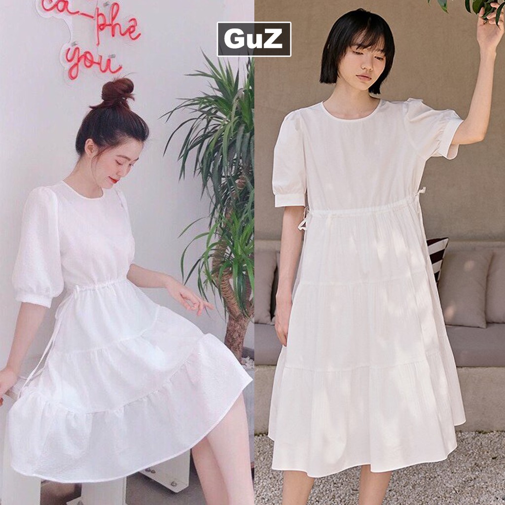 Váy suông triết eo tay lỡ form rộng cổ tròn dáng chữ A 2 màu đen trắng guzfashion