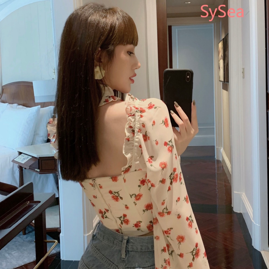 Áo Sơ Mi Croptop Tay Dài In Hoa Kiểu Hàn Quốc Xinh Xắn Cho Nữ