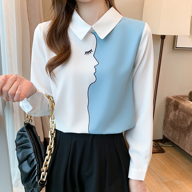 Áo sơ mi chiffon tay dài phối màu xanh dương phong cách Hàn Quốc thời trang mùa thu cho nữ