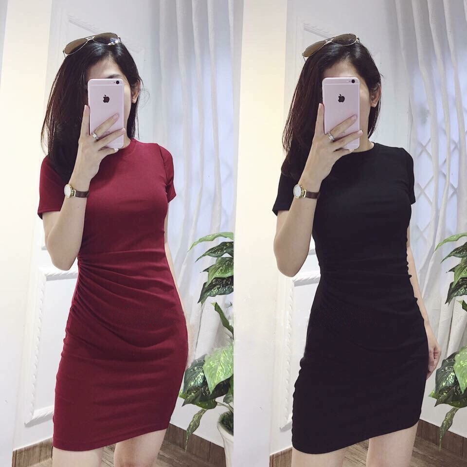 306 - Đầm ôm body thun Rib cổ tròn nhúng 1 bên eo