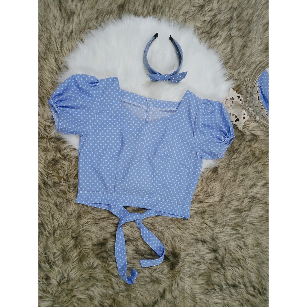 Áo Kiểu Chấm Bi Tay Phồng Dễ Thương Hở Lưng Cột Nơ Sau Lưng ( Free Size >60kg)