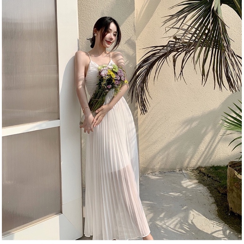 Yona’s Đầm đi biển hai dây xếp li trắng thắt dây eo tôn dáng  mã D17W