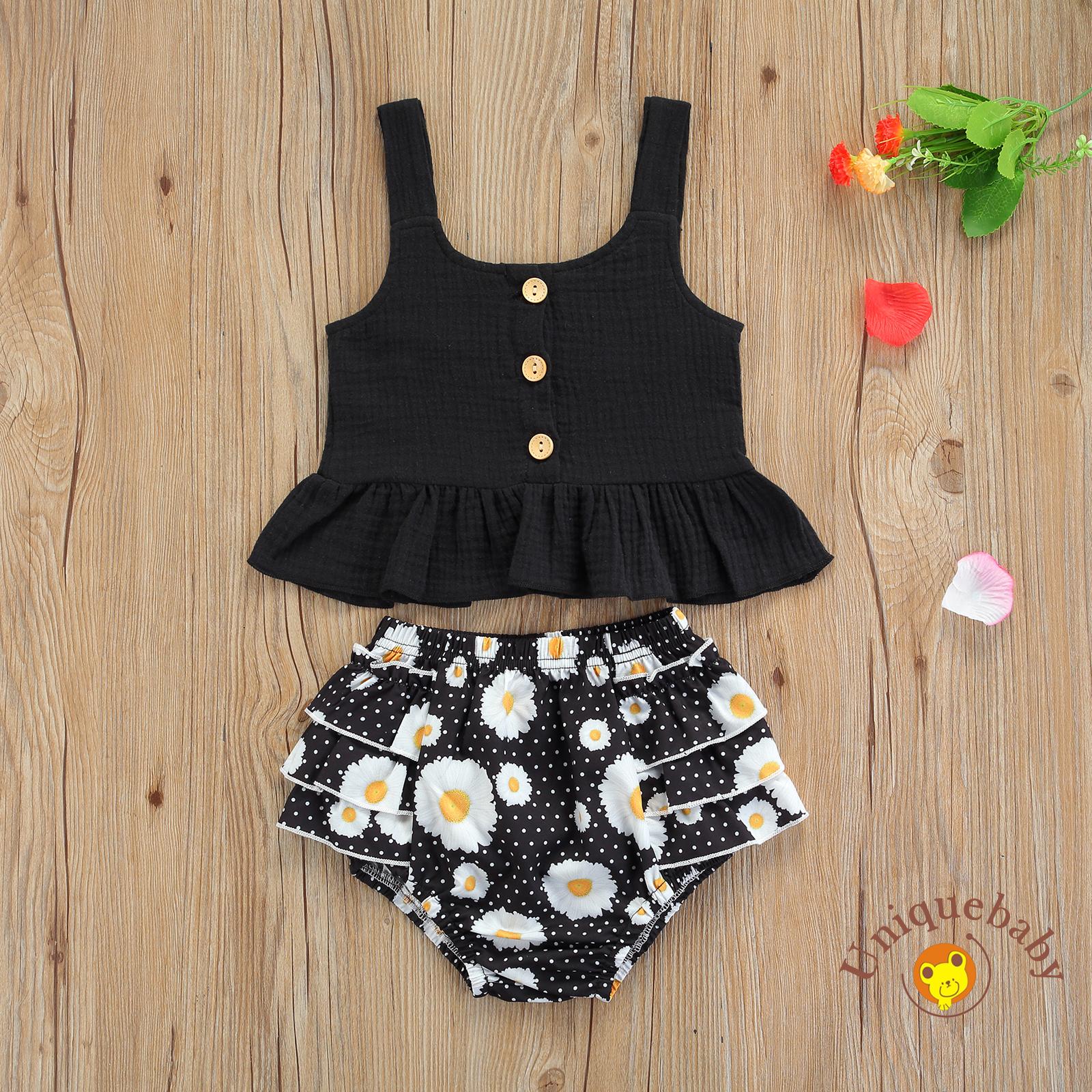 Set Đồ Mùa Hè 2 Món Áo Tank Top Cài Nút Màu Trơn + Quần Dài Nhiều Lớp Đính Hoa Cho Bé Gái 6 Tháng Đến 4 Tuổi