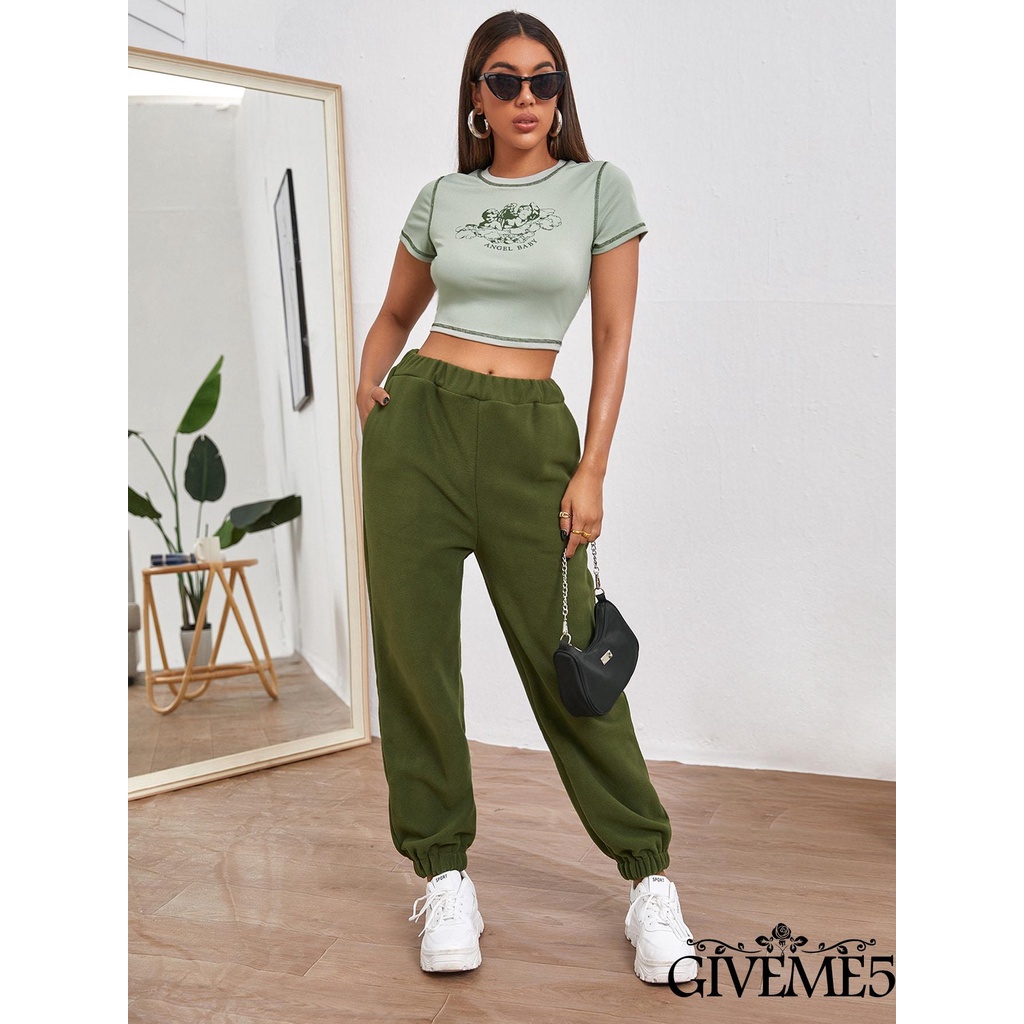 Áo Thun Croptop Tay Ngắn Cổ Tròn In Hình Thiên Thần Nhỏ Phối Màu Tương Phản Cho Nữ