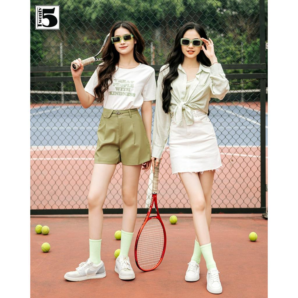 Set áo sơ mi Twentyfive cổ đức dáng rộng và áo 2 dây thun giấy co dãn 4671