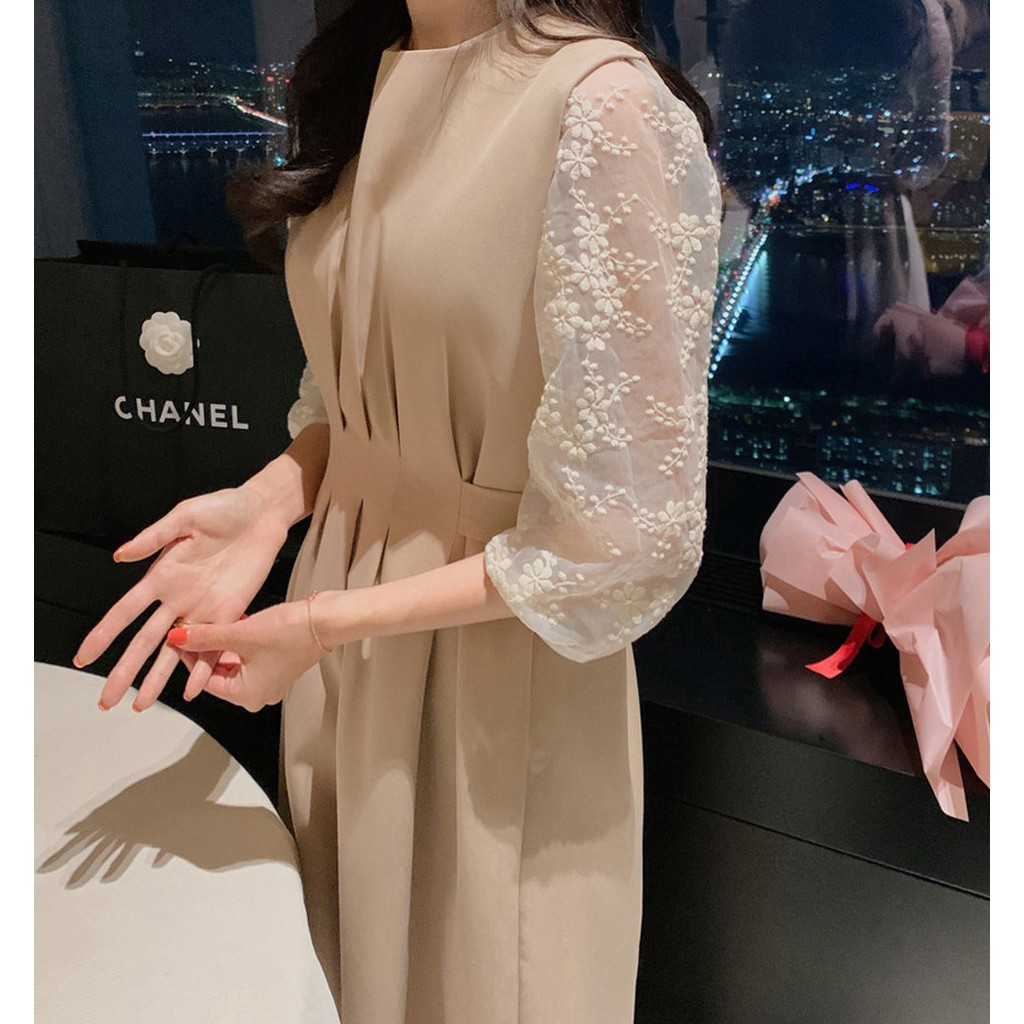 32523 Bộ Áo Sơ Mi Dài Tay Cổ Búp Bê + Đầm Yếm Trơn Màu Xinh Xắn Dành Cho Nữ