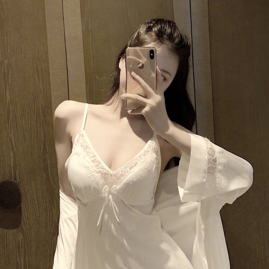 Bộ Đồ Ngủ Hai Mảnh Vải Lụa Lạnh Phối Ren Có Miếng Đệm Ngực Dành Cho Nữ