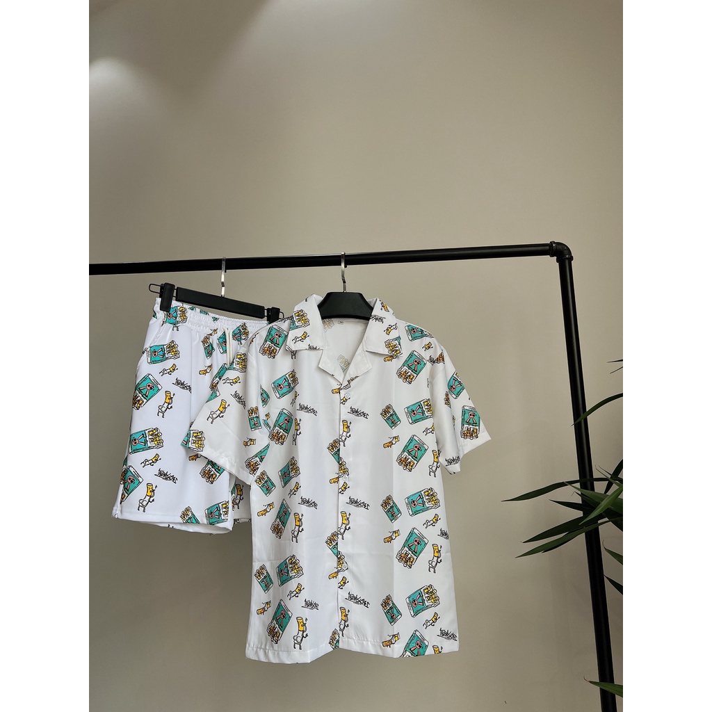 Áo sơ mi nam tay ngắn họa tiết Bad Rabit màu đen và trắng chất vải satin lụa mềm rũ form rộng unisex nam nữ