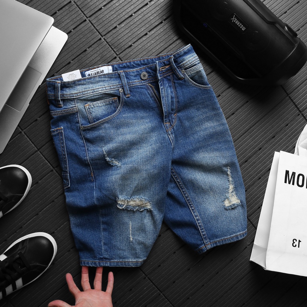 Quần short jean nam quần đùi jean nam rách gối nhẹ chất Denim co giãn phom Slim Fit chuẩn VNXK