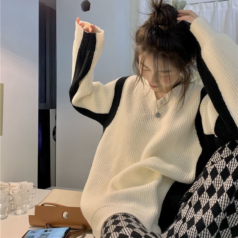 Áo sweater Dệt Kim Cổ Chữ V Dáng Rộng Thiết Kế Xẻ Tà Thời Trang Thu Đông Phong Cách retro Mới Cho Nữ