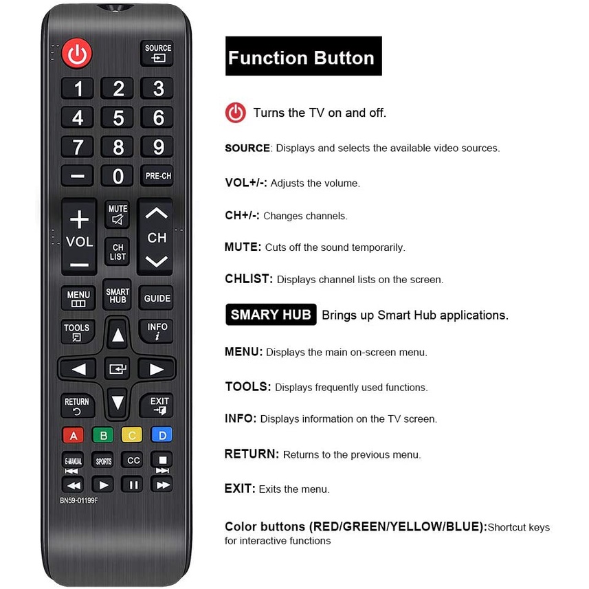 Điều Khiển Từ Xa Thay Thế BN59-01199F Cho TV Samsung UN58J5190BF UN32J5205 UN32J525DAF UN48J5201AF UN48J5200AF UN43JU640DF UN65JU6700 Un8Ju6700F Un65Ju630Df Un60D